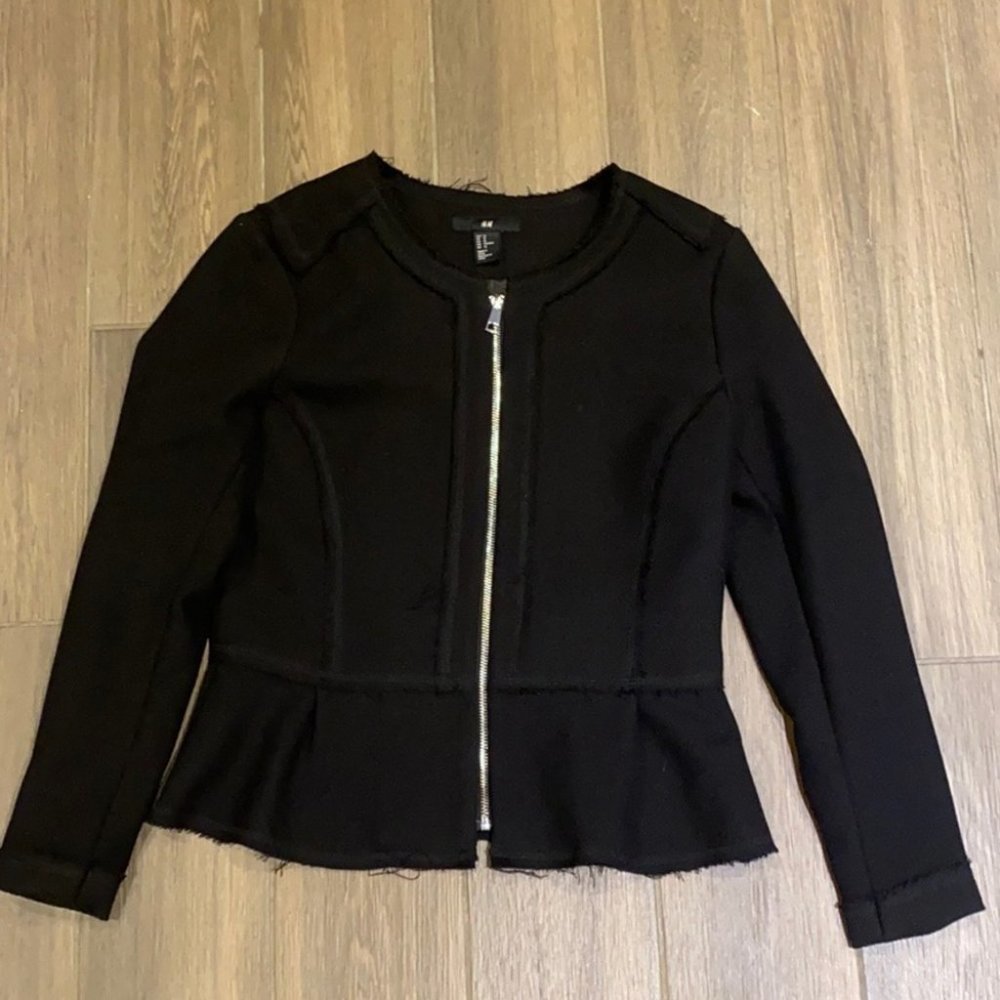 H&M Black Women Peplum Zip Up Distressed Blazer Jacket Size 12